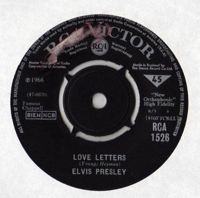 7inch Record ELVIS PRESLEY  Love Letters RCA1526 RCA VICTOR 1966 UK Rock Used