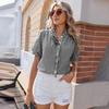 Women Casual Button Down Short Sleeve Loose Fit Plaid Shirt Top Lightweight Breathable Fabric Summer Blouse