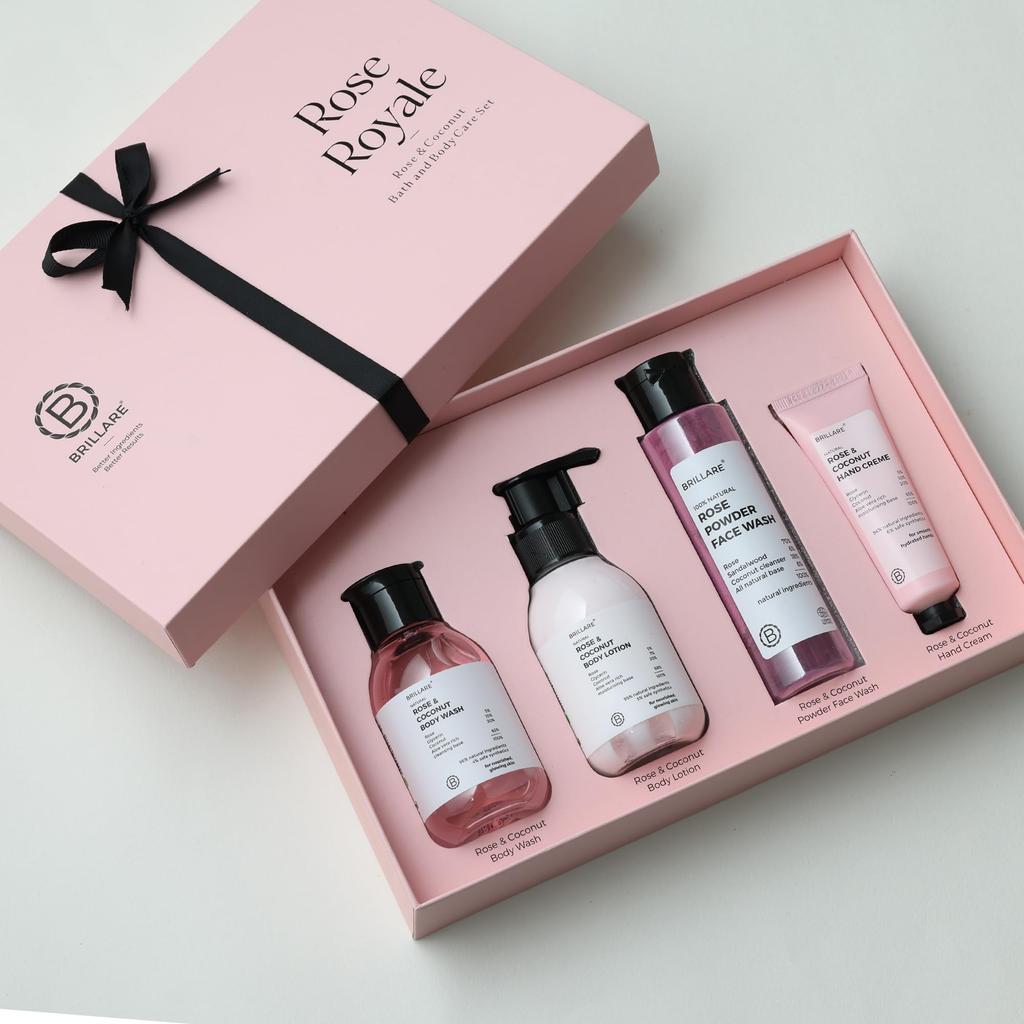 Brillare Rose Royale Gift Box | Rose Body Wash, Body Scrub, Face Wash & Face Scrub | Luxurious Skincare for All Skin Types | Perfect Gift for Specia