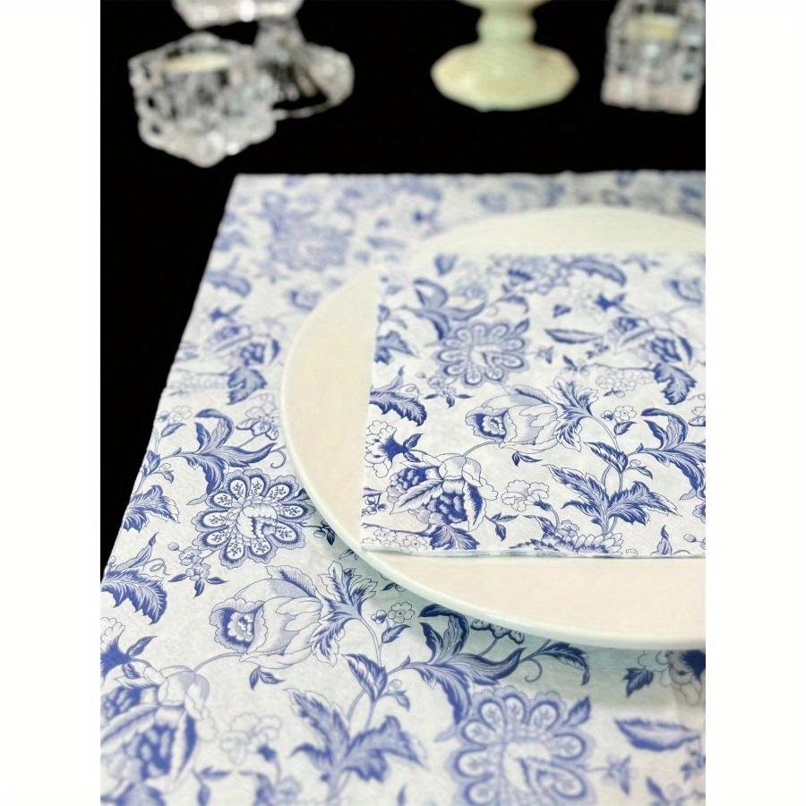 20pcs/Set Disposable Retro Blue Flower Printed Decoupage Napkins 13x13inch, Suitable for Weddings, Birthdays, Holidays
