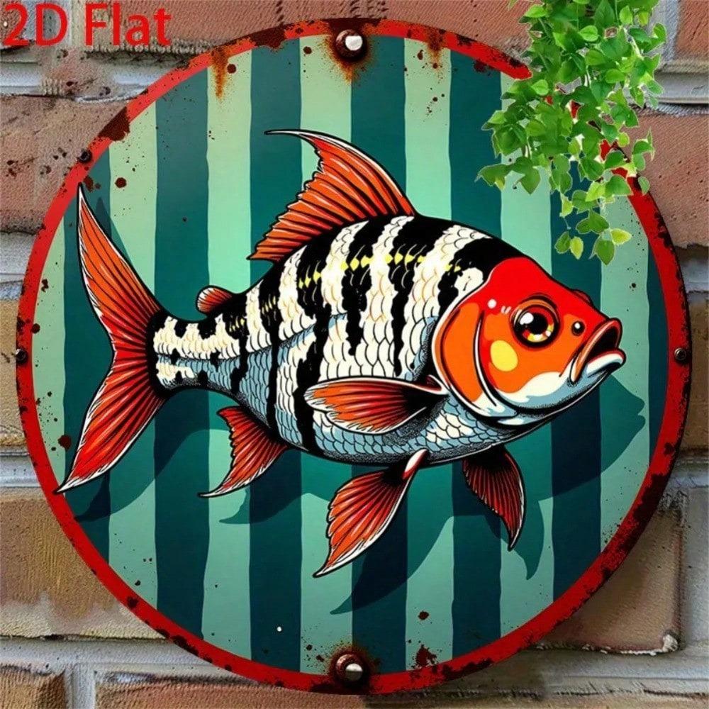 Vintage Blue Green Striped Flat Fish Metal Tin Sign Country Kitchen Retro Decor