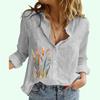 Women Fashion Cotton Linen Long Sleeve Shirt Summer&fall Floral Print Loose Top Ladies Casual Button-up Blouse