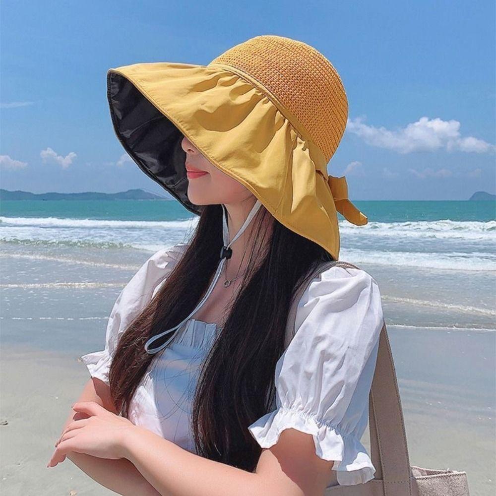 Spring Summer Sun Protection Hat Outdoor Bow Bucket Hat Trendy Wide Brim Sun Hat  for Female