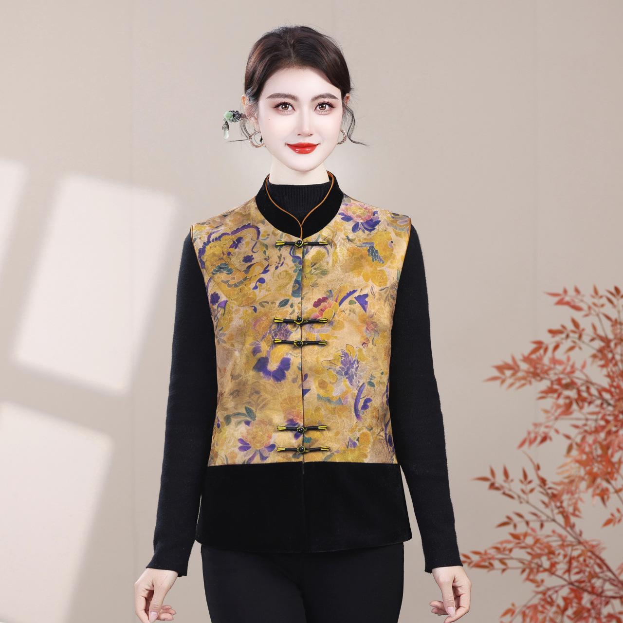 

Elegant Velvet Patchwork Vest for Women - Printed Chinese Style, Age-Reducing Autumn Cardigan XL