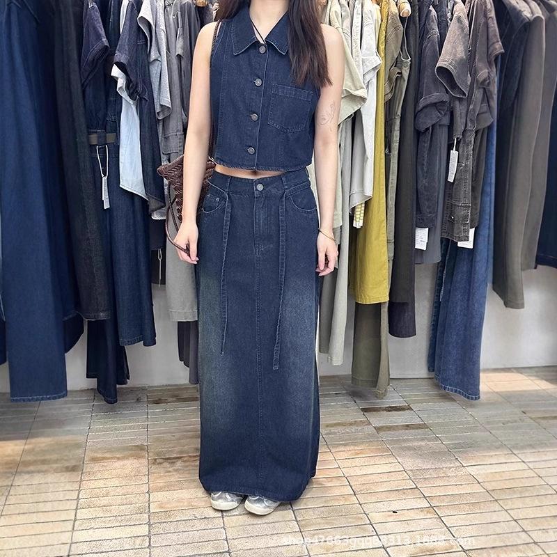 1116 Summer New Hong Kong Style Retro Vest Vest Top Women's High Waist Straight Denim Skirt Two-piece Set