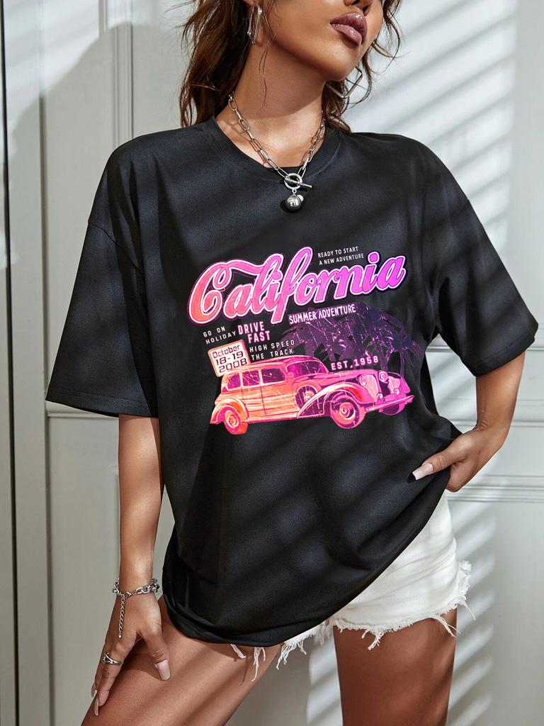 European & American Women's Multi-color Casual T-shirt: Round Neck, Short Sleeve, Simple Fashion with Solid Color and Printed Design.