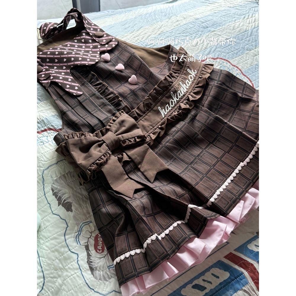 Japanese Sweet Lolita JSK Dress Heart Button Bow Detail Brown Pink Chocolate Plaid Decoration Harajuku Subculture Kawaii Outfit