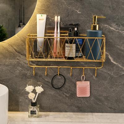 Luxury Gold Bathroom Shelf Without Drilling Metal Shower Storage Basket with Hook Toothbrush Shampoo Holder Bathroom Accessories