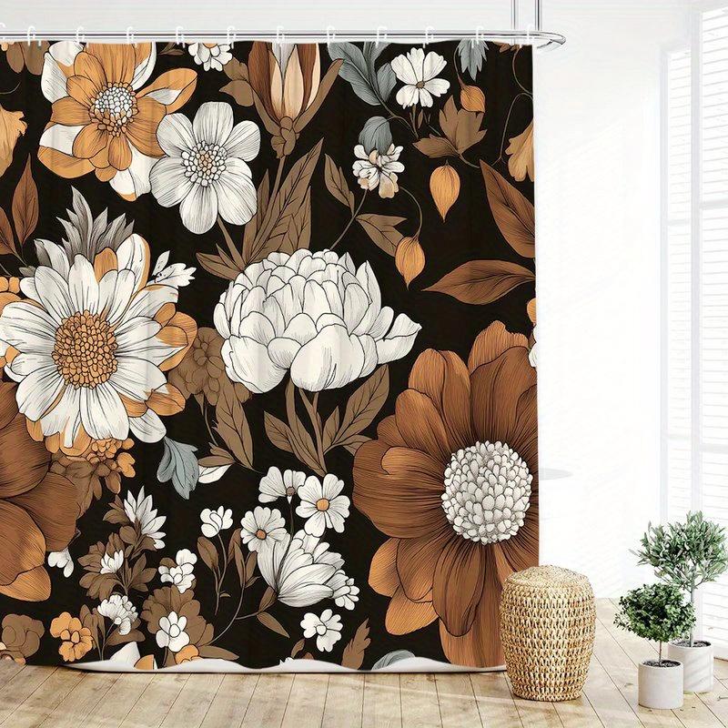 1pc Retro floral pattern shower curtain, made of polyester, machine washable, with hooks, suitable for bathroom decoration.