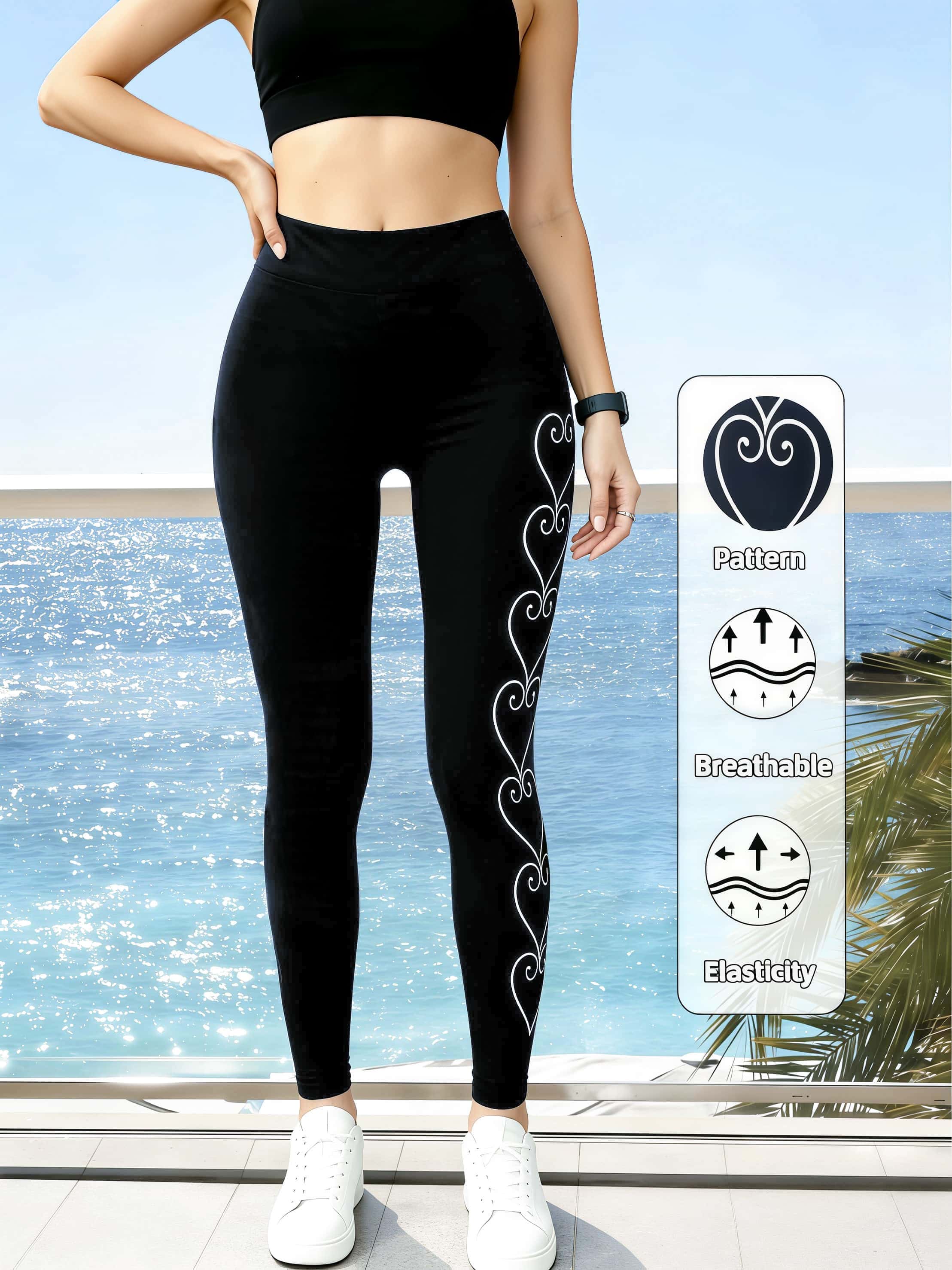Damen Yoga-Leggings mit hohem Bund, Atmungsaktive Trainingshose mit Herzmuster, Dehnbare Athletic-Leggings mit Bauchkontrolle zum Laufen S