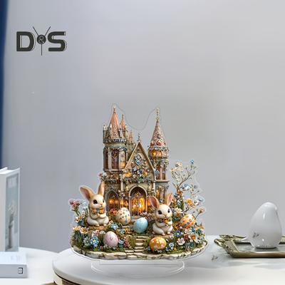 Osterhasen-Ornament, 2D, flaches Acryl-Ornament, abgestufte Tablett-Dekoration, Schloss-Kaninchen-Figur für Bauernhaus, Kaminsims, Bücherregal, Osterdeko