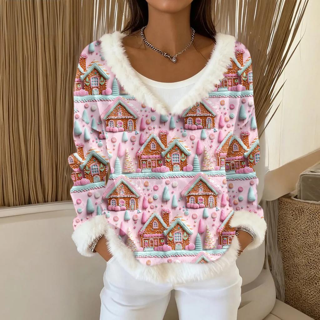 Dámský módní plyšový pulovr s výstřihem do V, tričko s dlouhým rukávem, vánoční potištěná mikina