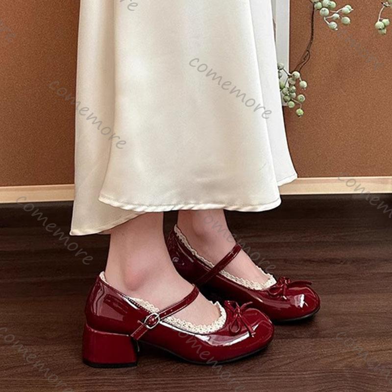 Fashion Comemore Bow Temperament High Heels Ballet Ladies Leather Shoes Retro Lace Edge Thick Middle Heel Pumps Mary Janes for Women