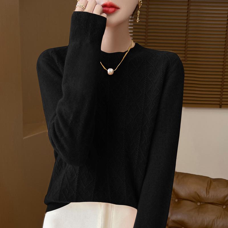 Women's Cable Knit Pure Wool Sweater, 2024 Autumn/Winter, Solid Color, Round Neck, Warm Base Layer.