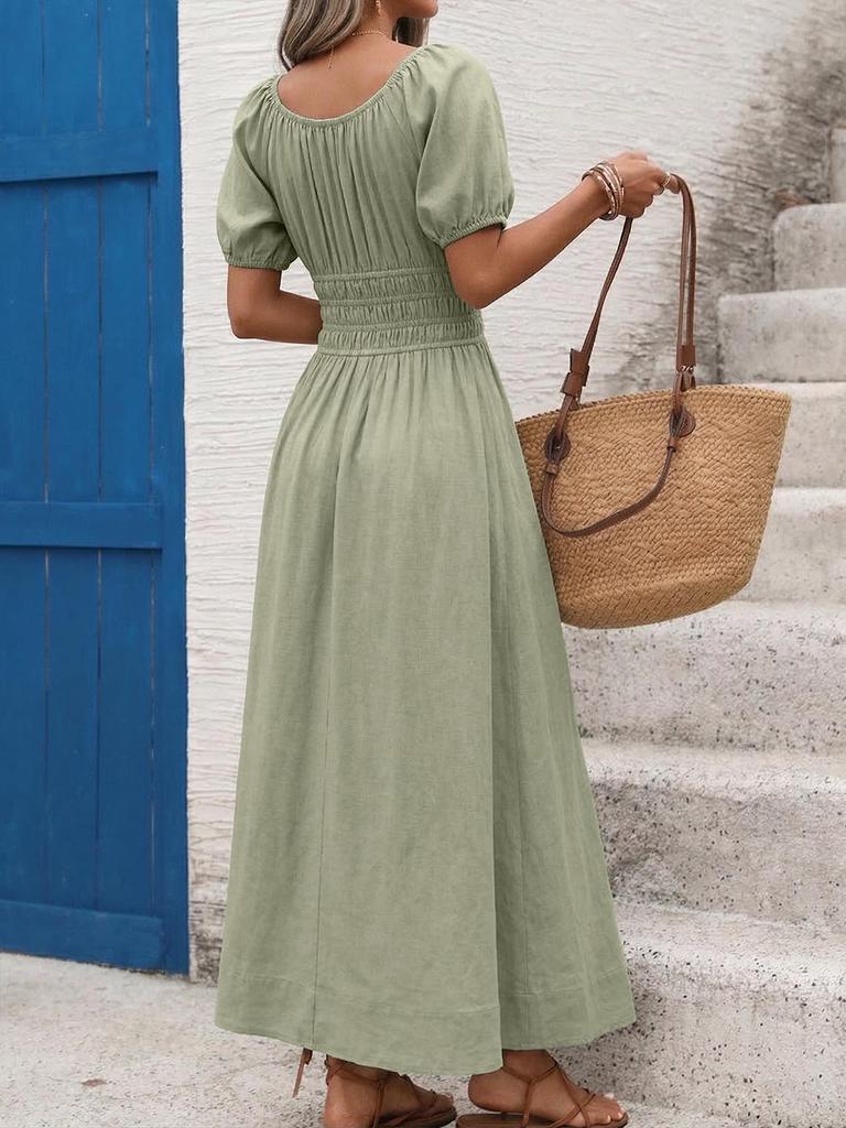 2026 Spring/Summer Elegant French Square Neck Puff Sleeve Long Dress for Women