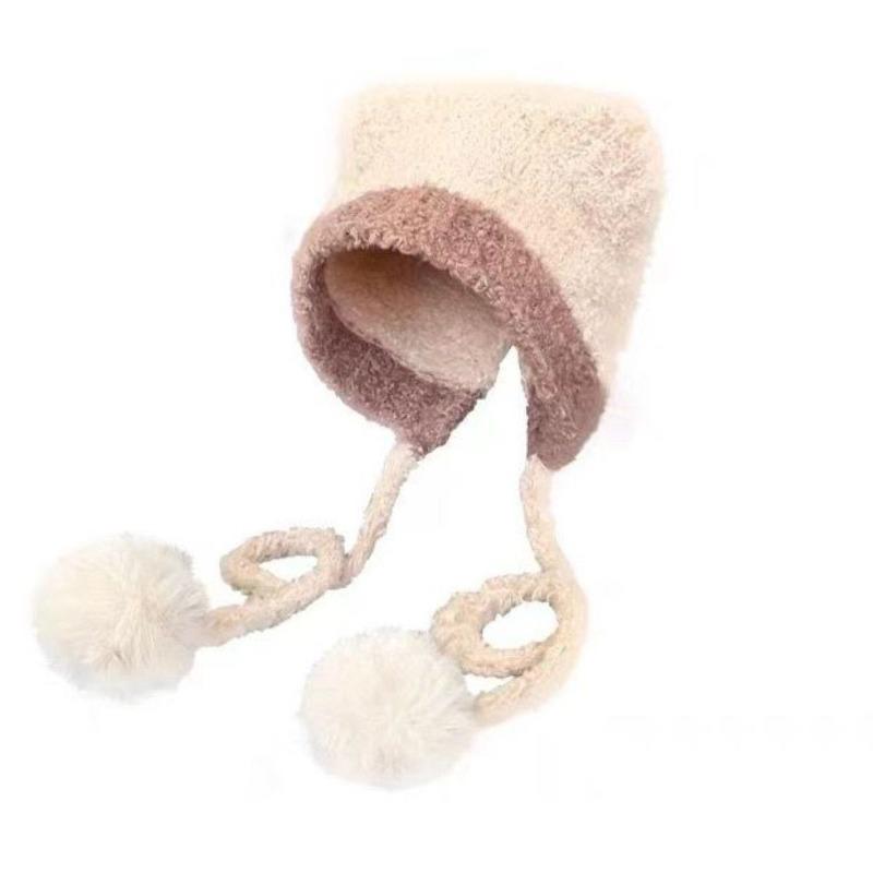 Cute color matching teddy velvet bear ears straps women's winter warm ear protectors knitted wool hat