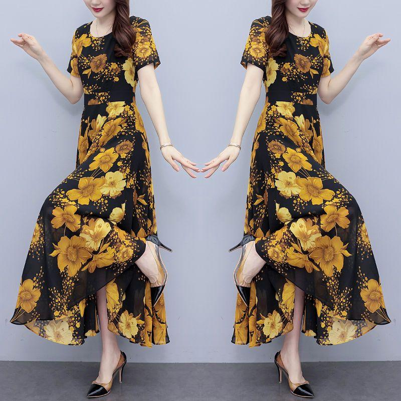 Elegant Fashion Harajuku Slim Fit Female Clothes Casual All Match A-line Skirt Patchwork Printed O Neck Short Sleeve Dresses