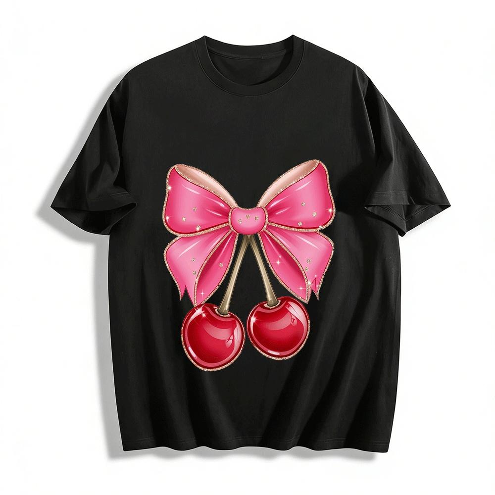 Glitter Cherry Bow Print Casual Short Sleeve Top Pure cotton T-shirt XXS