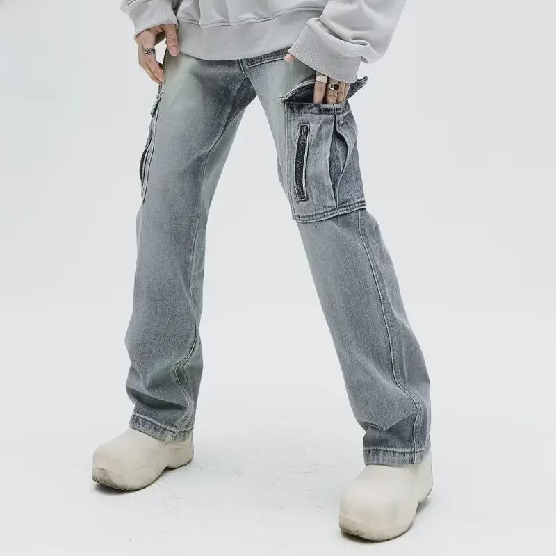 

Модные американские ретро-джинсы: Свободный комбинезон прямого кроя унисекс с эффектом потертости и потертости L синий