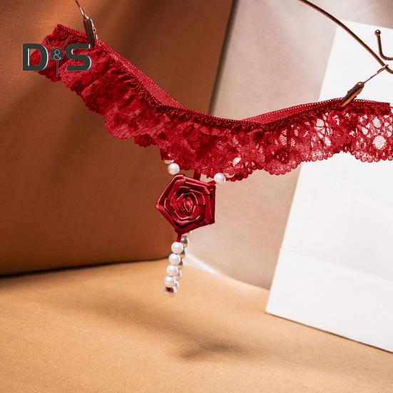 Women G String Thong Faux Pearl Decor Lace Fabric Rose Decor Pornographic Shirring Solid Color Honeymoon Wedding Night Lady Panties