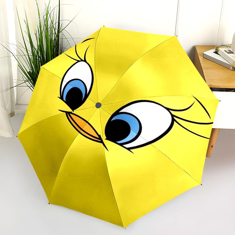 Tweety Blue Yellow Stripes Folding Umbrella Suitable For All Seasons Travel Sun Umbrella Travel Umbrella