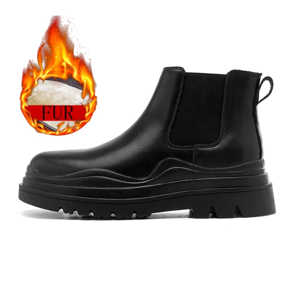 Mode Klassisch Fell Warm Herren Grüne Sohle Runde Zehen Herbst Winter Komfort Chelsea Boots Dicke Sohle Echtes Leder Outdoor Schuhe