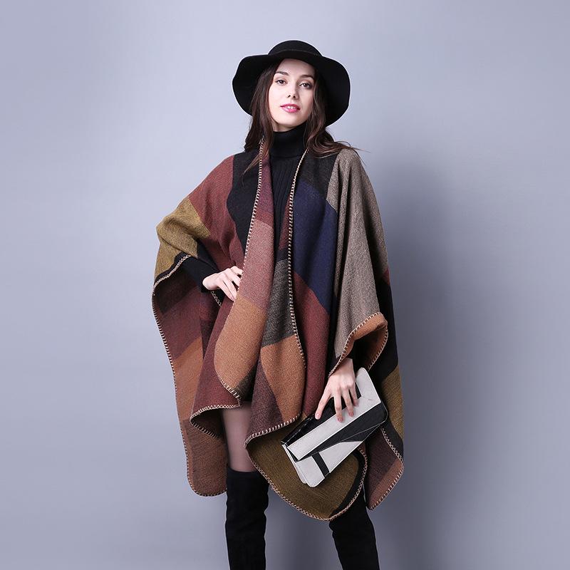 Versatile Plaid Women's Faux Cashmere Shawl: Ethnic Style Slit Cape for Autumn/Winter