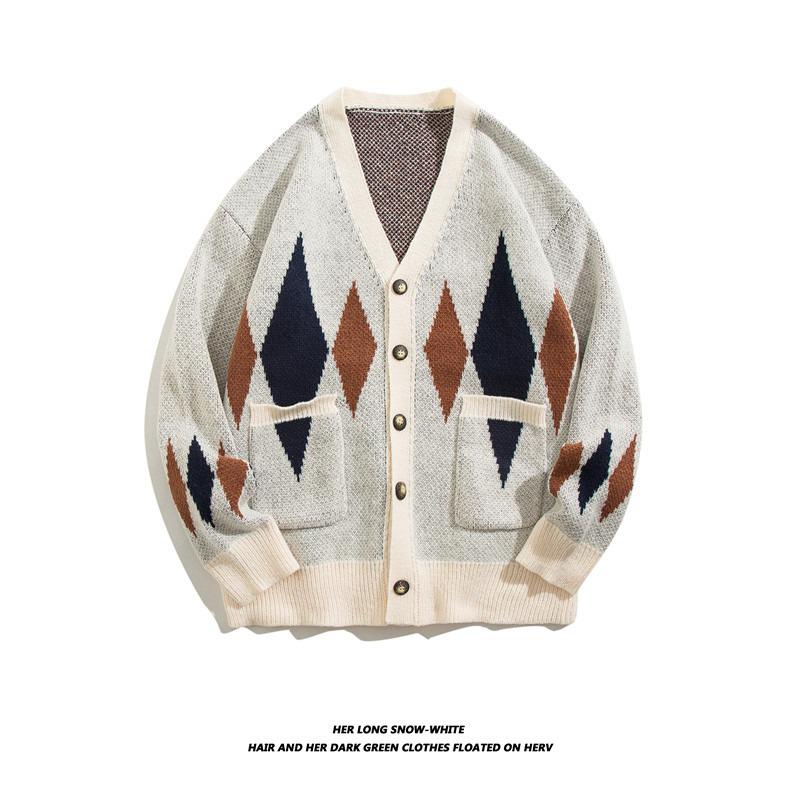 

Men s Loose V-Neck Cardigan Sweater - Retro Japanese Style, Thickened for Autumn/Winter, Trendy Knitwear. L абрикосовий