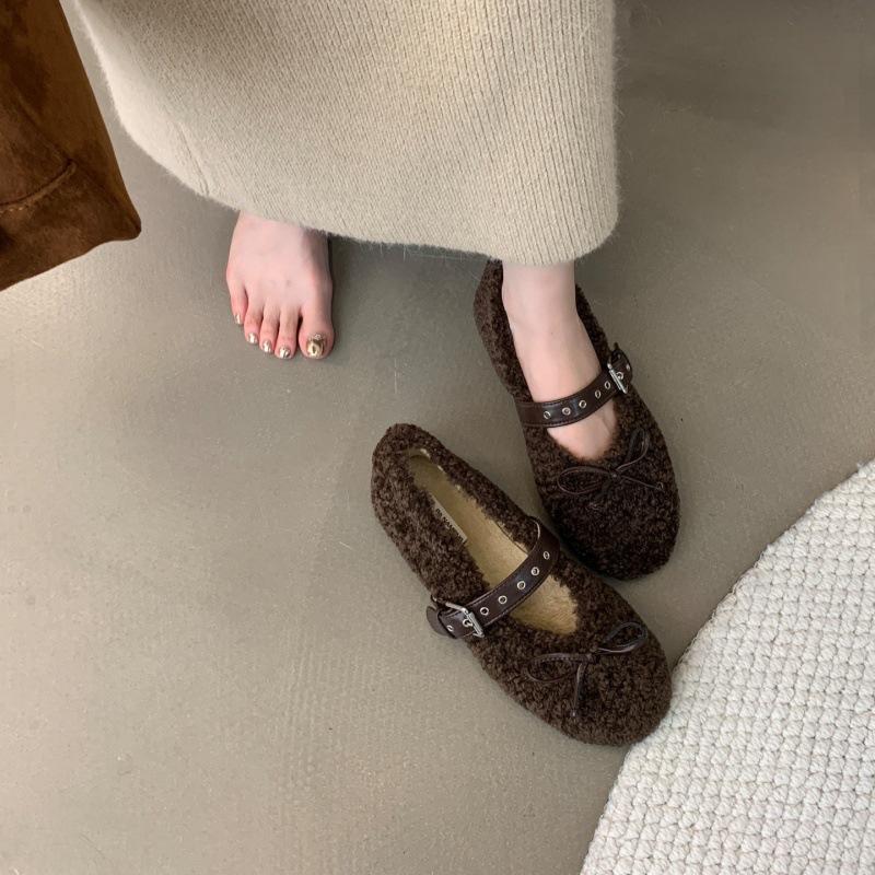 

Осенне-зимние новые туфли-балетки Mary Jane с бантом из овечьей шерсти, женские балетки, шерстяные туфли, женская обувь 35