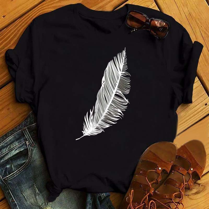 Fashion Women T Shirt Funny Butterfly Feather Print Tshirt T Shirt Summer Short Sleeve Tops Tee Female Feather T-shirts