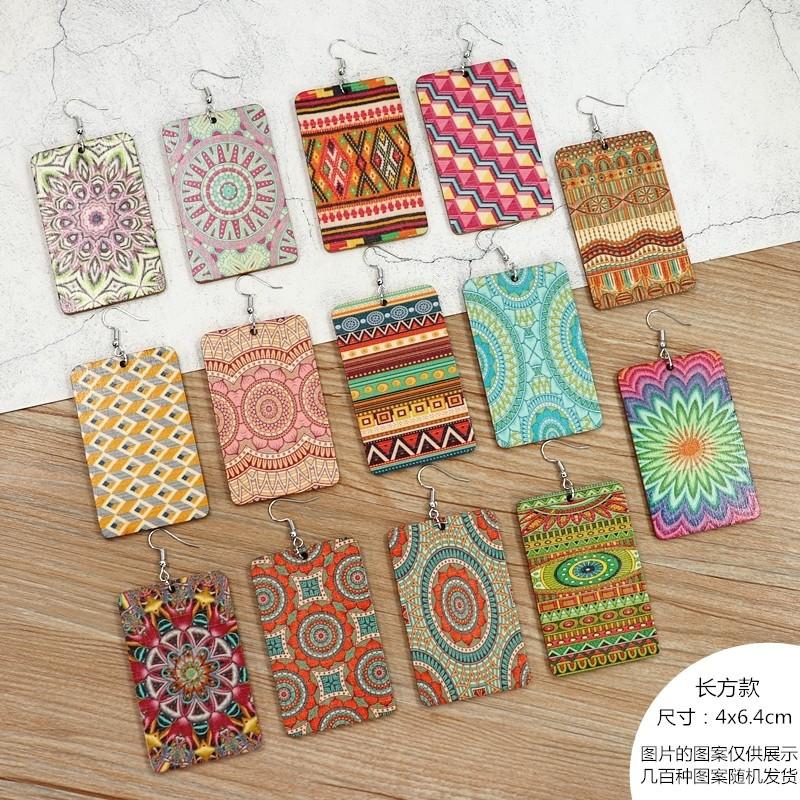 Bohemian vacation style wooden earrings retro personality exaggerated print earrings femininity long earrings