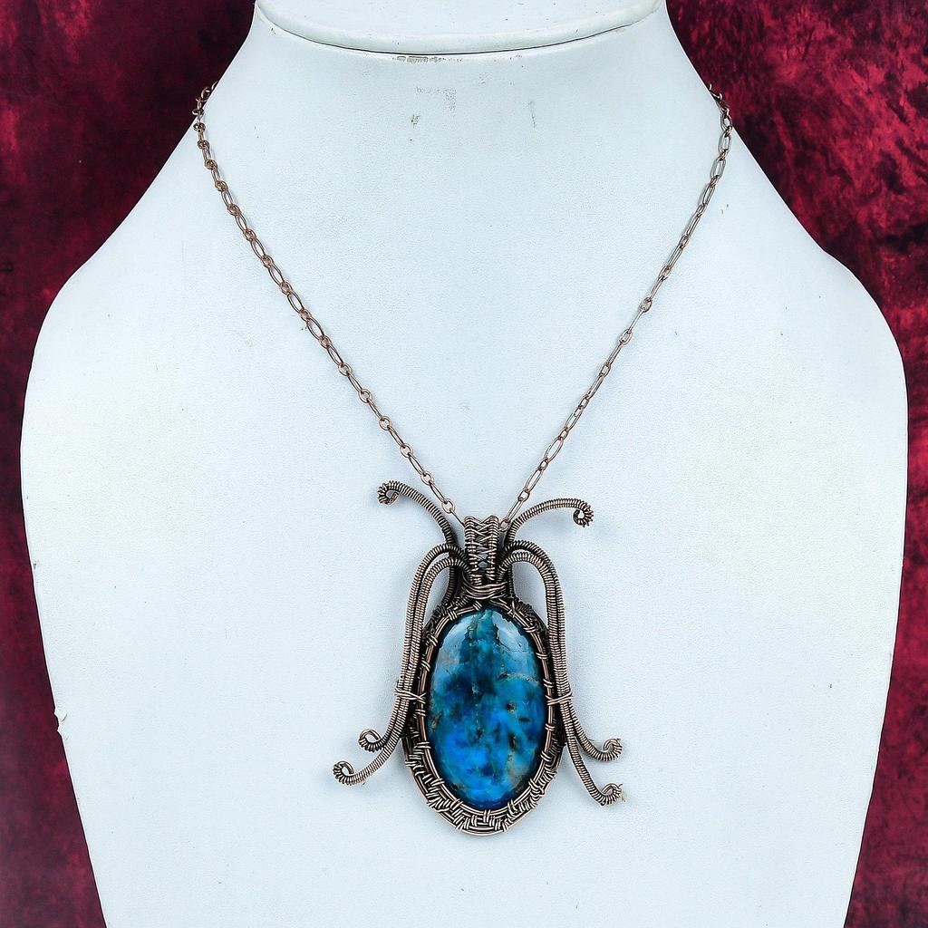 Neon Apatite Gemstone Pendant Copper Wire Wrapped Pendant Handmade Wire Jewelry