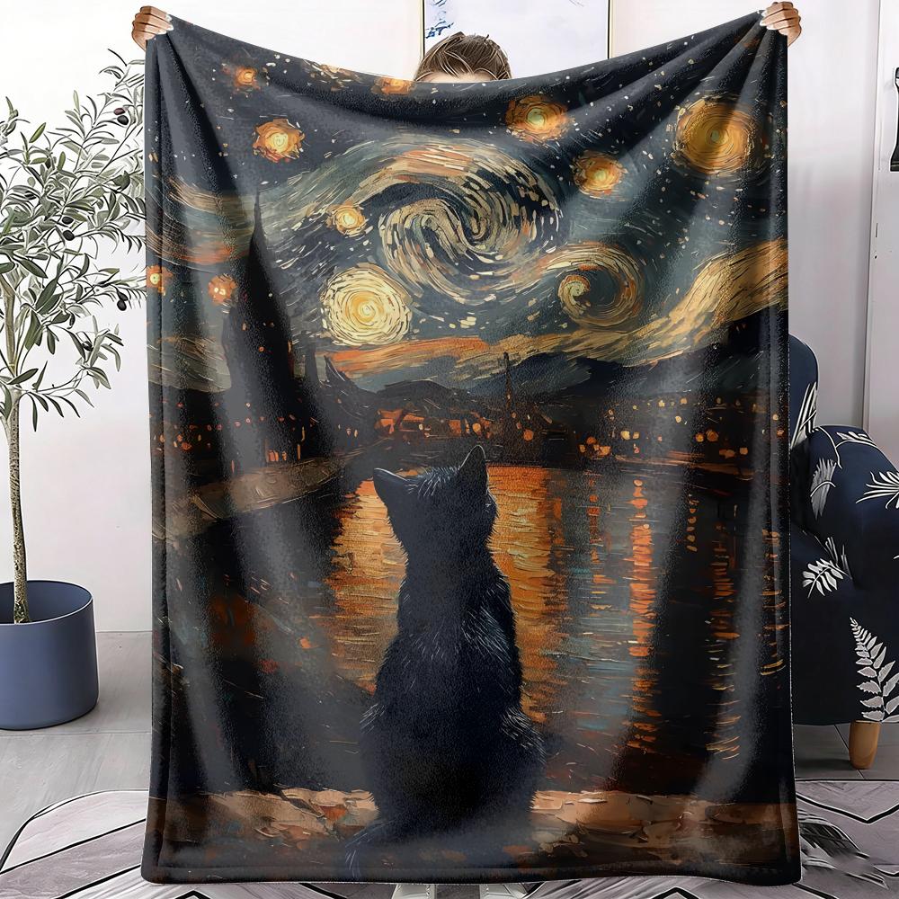 Starry Night And The Cat Throw Soft Flannel AC Blanket Lightweight Summer Nap Throw Cozy  Blanket for Sofa Bed Travel Home