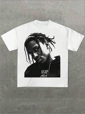 Retro ASAP Rocky Braids Grayscale CloseUp Portrait Print Graphic TeeCasual PrintComfortable And