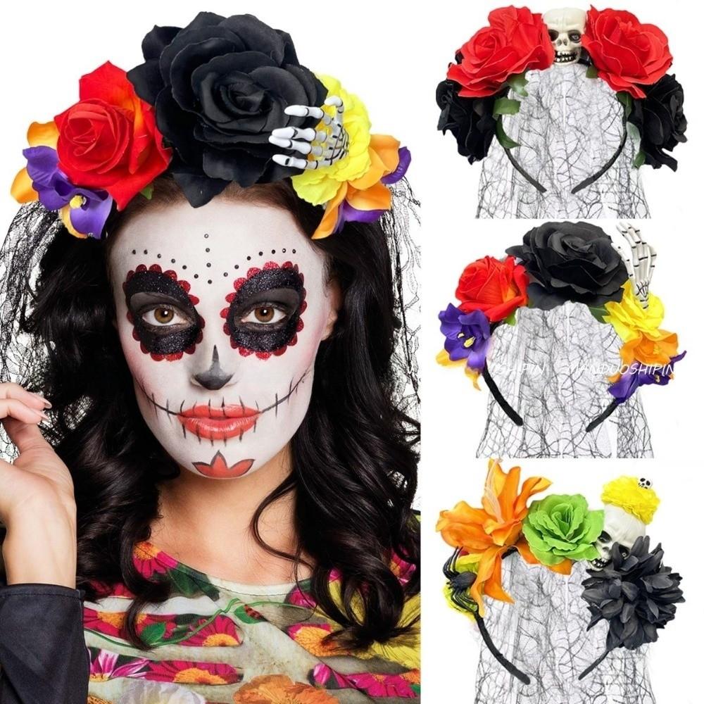 Gothic Halloween Veil Headband Halloween Costume with Black Veil Floral Hair Hoop Hair Band Headdress Party Headpiece