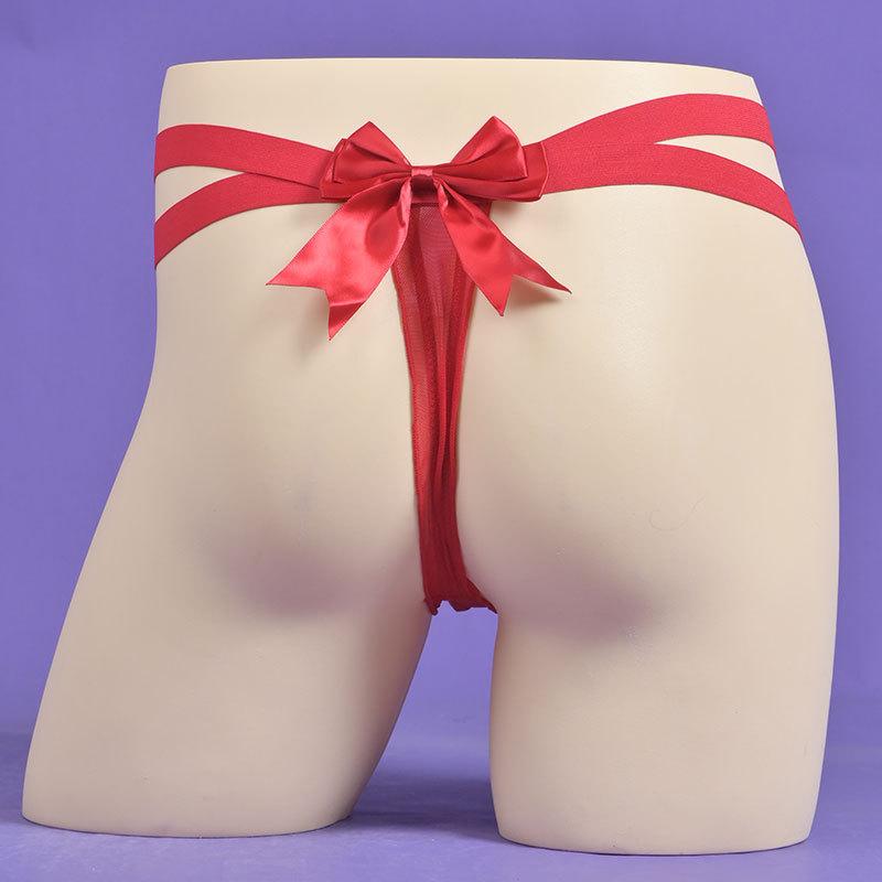 Cute Japanese Bow Lingerie Underwear Men Youth Mesh Perspective T-Back Thong Silky Elastic Penis Sheath G-String Sissy G-String