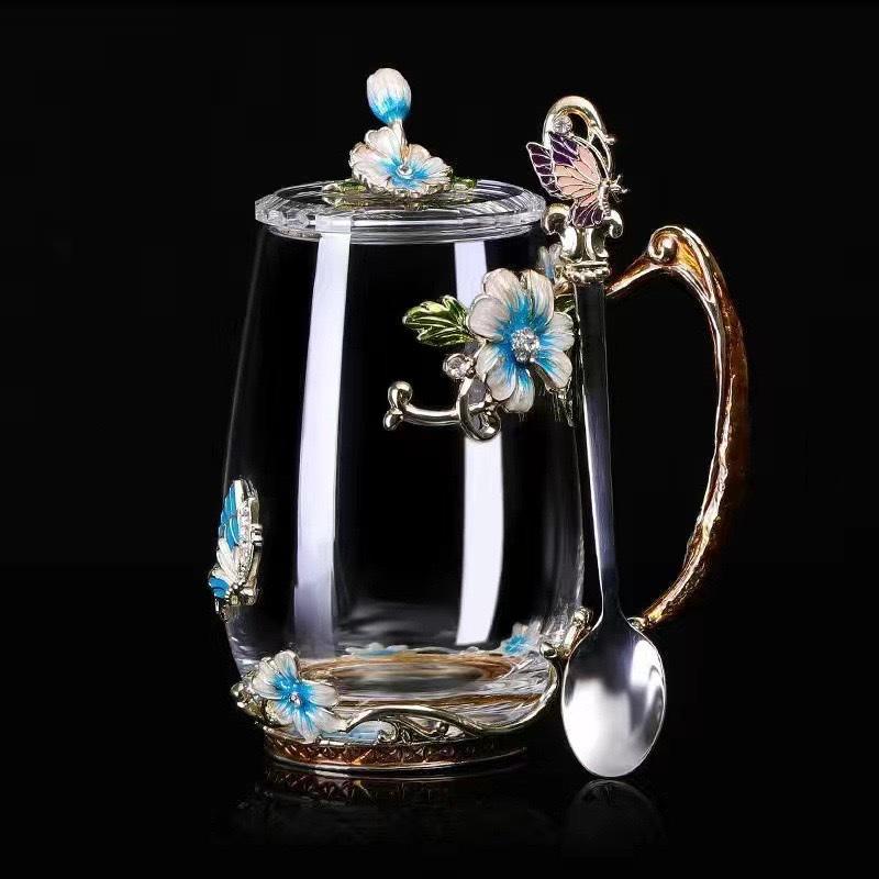 Heat-Resistant Enamel Flower Tea Cup, Creative Painted Crystal Glass Coffee Cup with Handle
