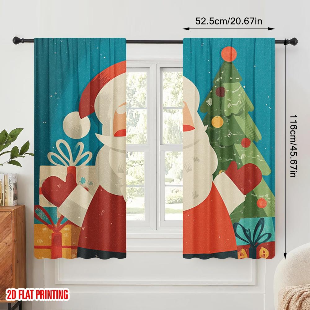 2pcs,2D Plane Printing Light Filtering Curtains Santa Claus and Tree Versatile Durable Polyester (without Rod) All Seasons Use