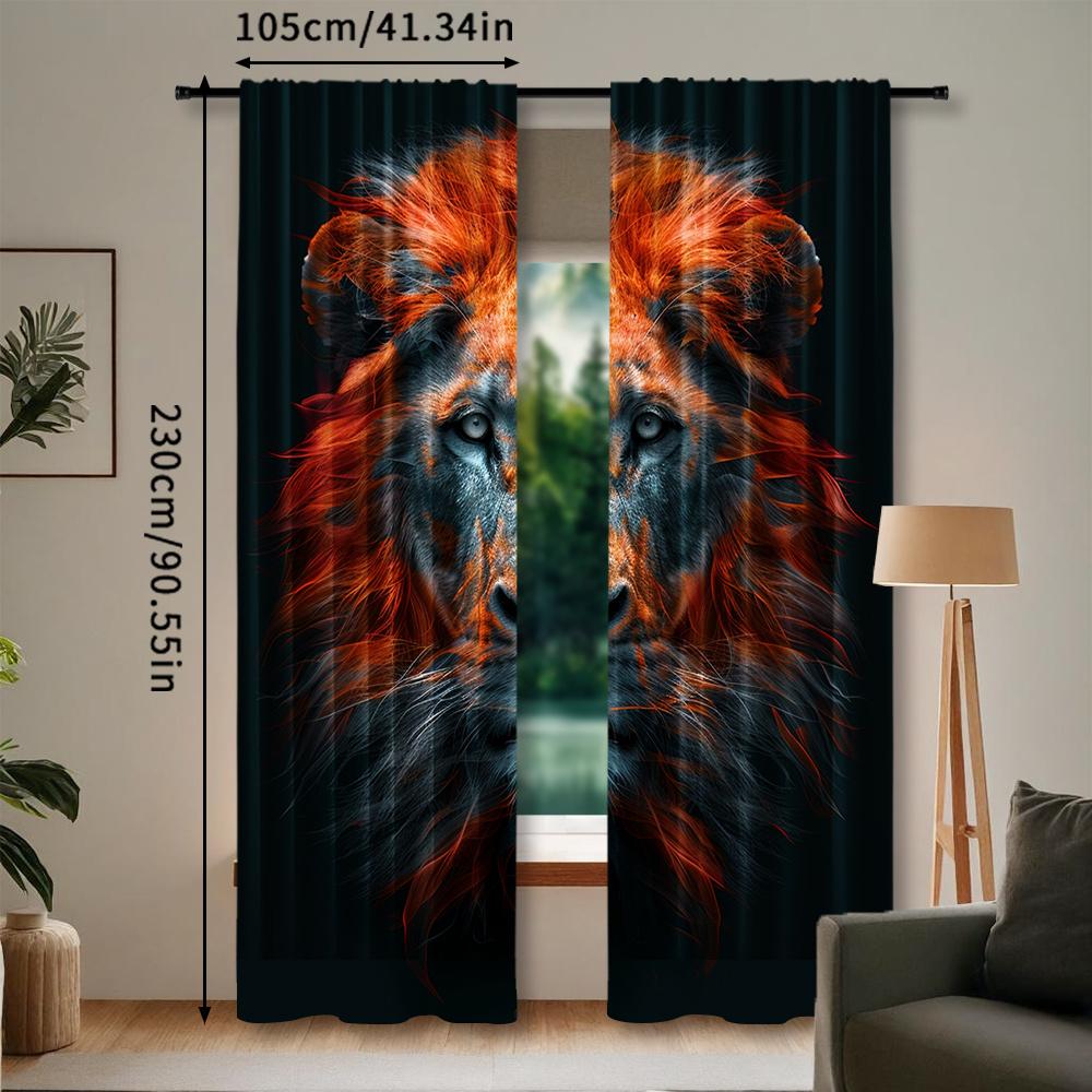 2pcs Lion Jungle Curtains - King of the Wildlife Design   Vibrant Orange & Black Lion Head Print   Rod Pocket Window Treatment for