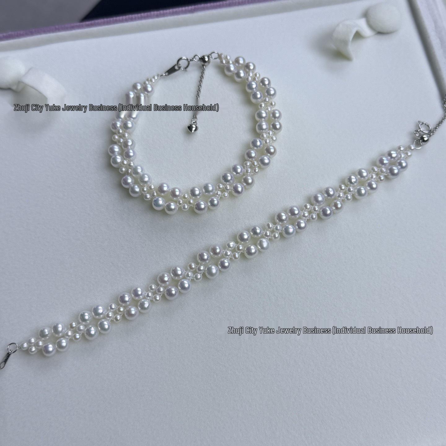 2-5mm Near Round Freshwater Pearl Double Row Woven Flower Bracelet with Strong Luster and S925 Silver Pull-Out Clasp 2-5mm Near Round белый