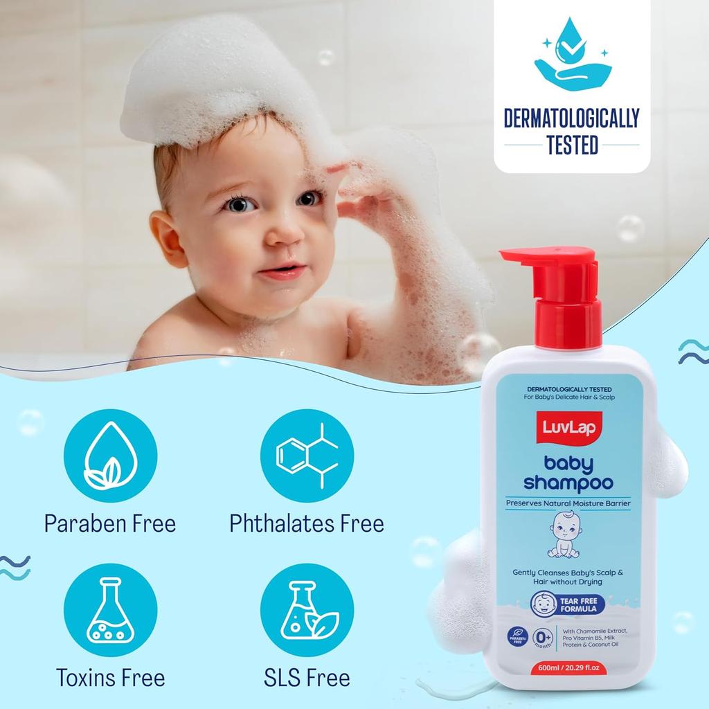 LuvLap Milky Soft Baby Shampoo 600ml - Tear-Free, Gentle Scalp Cleanser With Milk Protein, Vitamin E & Coconut Oil