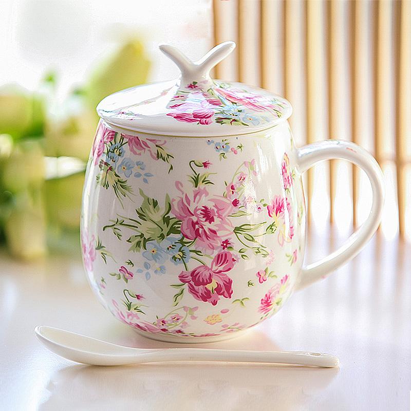 Ceramic Coffee Mug With Lid And Spoon Chic Bone China Coffee Cup Sets 450ml Ceramic Creative Simple Milk Cups Couple Gifts