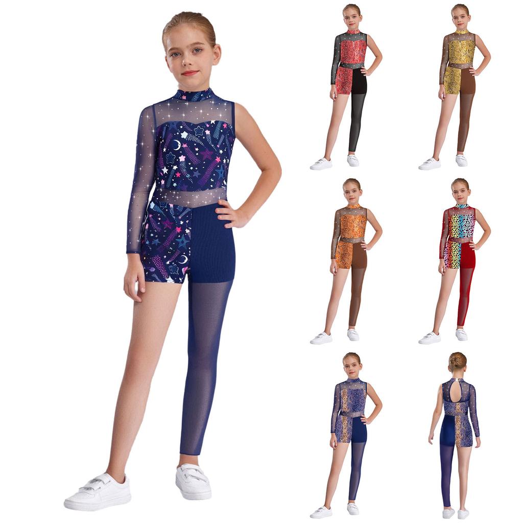 Girls Printed Gymnastics Leotard Star Leopard Snakeskin Design Shiny Rhinestones Sheer Mesh Patchwork Asymmetrical Bodysuit
