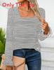 Striped Ruffle Sleeve T Shirt With Square Neck For Fall Casual Womens Top