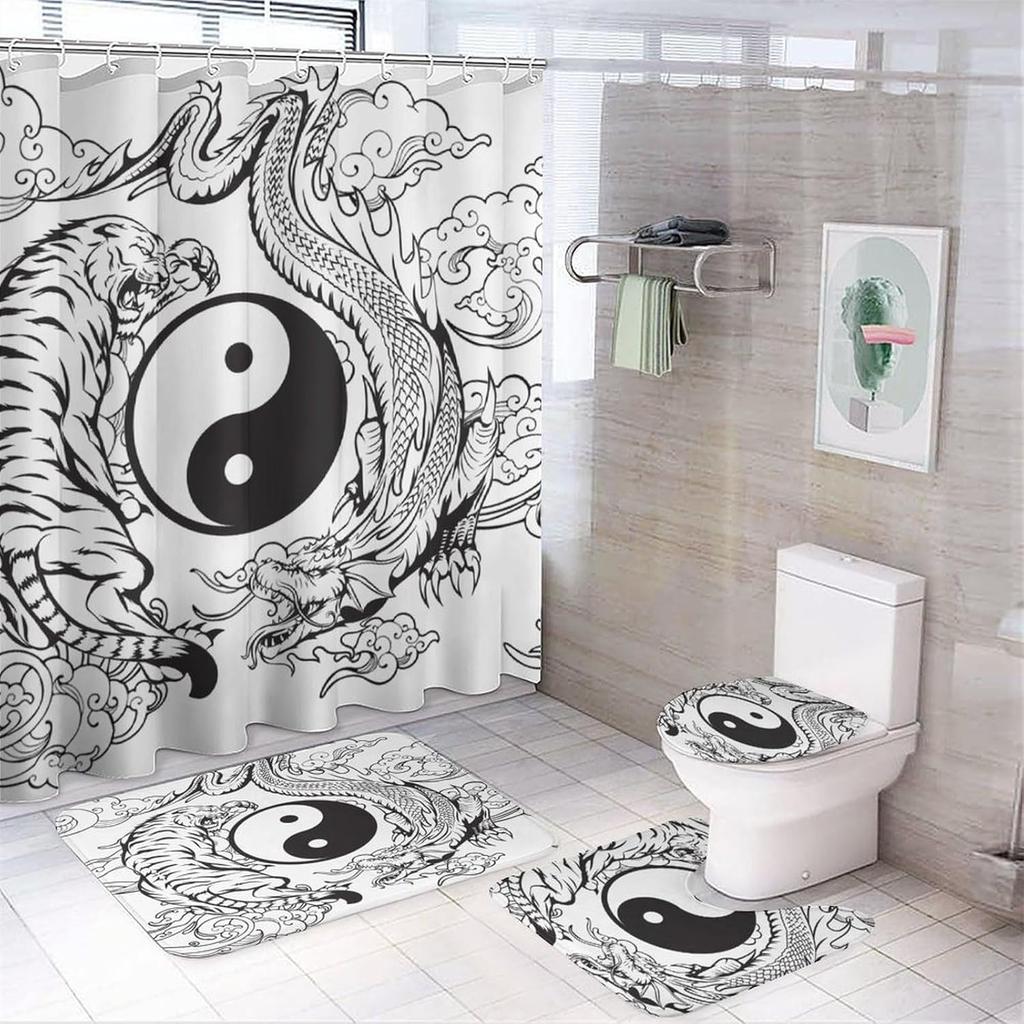 Cool Black and White Dragon and Tiger 4 Pieces Shower Curtain Set,Metaphysical Sky Dragon and Tiger Yin Yang Non-Slip Rugs Toilet Lid Cover Bath Mat