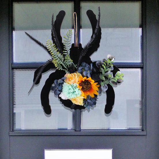 Spider Wreath Wooden Black Spider Wreath with Artificial Flowers Front Door Hanging Decoration for Floral Arrangement Halloween Wall Window Decor