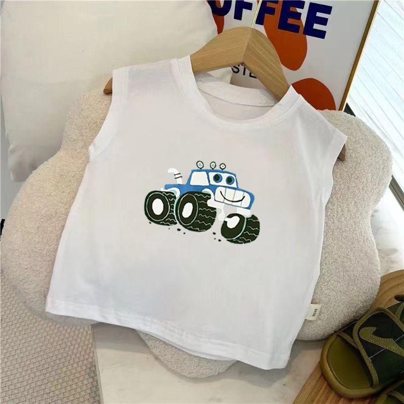 Kids Summer Cotton Cartoon Print Tank Top Boys Girls Round Neck Sleeveless Casual Thin Vest