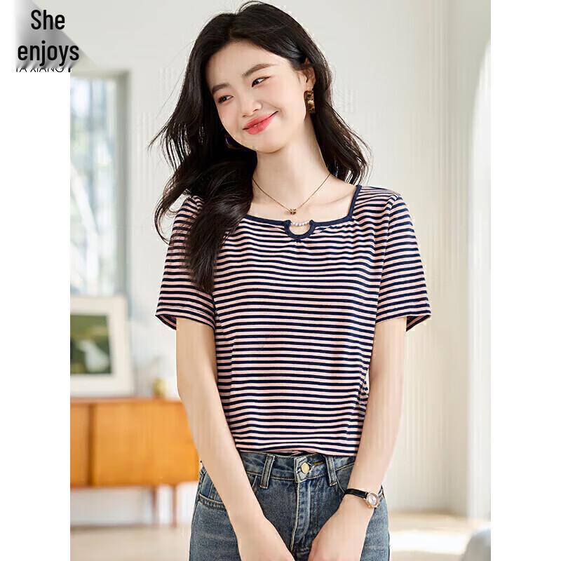 Women s French Square Neck Striped Short Sleeve T-shirt M
