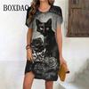 Summer Fashion Gothic Style Women's Dress Classic Black Cat Flower Print Mini Dress Casual Vintage Short Sleeve Oversized Dress