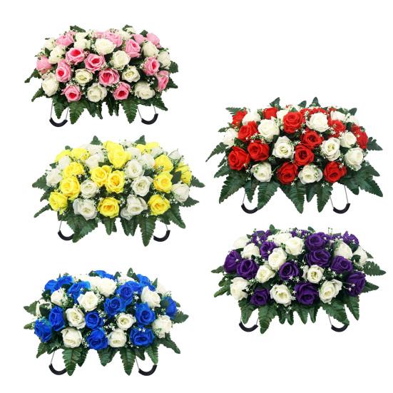 Sella Fiorita Artificiale per Lapide Cimiteriale 34 Fiori Rosa Finti in Seta Realistici Resistenti ai Raggi UV Decorazione Floreale Commemorativa per Lapide Esterna